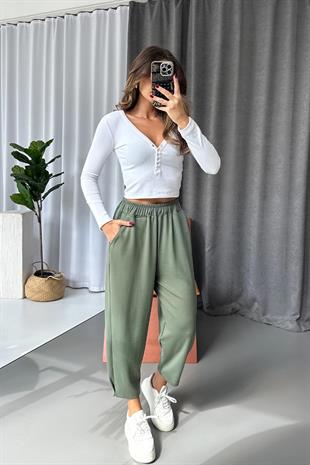 Modal Kumaş Paça Tutturmalı Kadın Pantolon - Haki