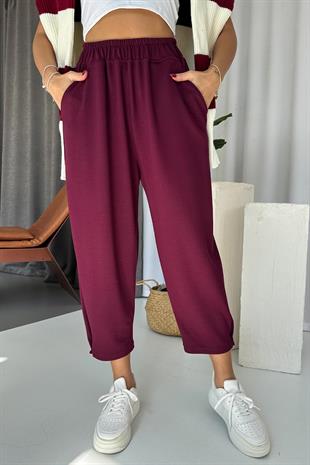 Modal Kumaş Paça Tutturmalı Kadın Pantolon - Mürdüm