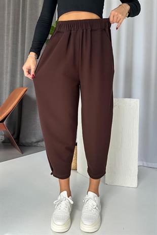 Modal Kumaş Paça Tutturmalı Kadın Pantolon - Kahverengi