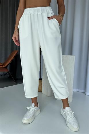 Modal Kumaş Paça Tutturmalı Kadın Pantolon - Beyaz