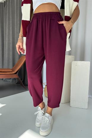 Modal Kumaş Paça Tutturmalı Kadın Pantolon - Mürdüm