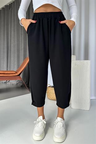 Modal Kumaş Paça Tutturmalı Kadın Pantolon - Siyah