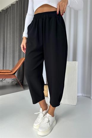 Modal Kumaş Paça Tutturmalı Kadın Pantolon - Siyah