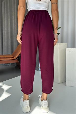 Modal Kumaş Paça Tutturmalı Kadın Pantolon - Mürdüm