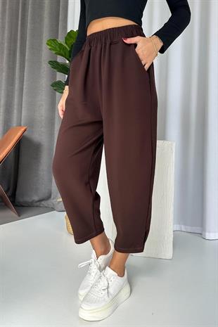 Modal Kumaş Paça Tutturmalı Kadın Pantolon - Kahverengi
