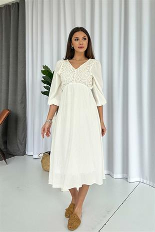 Nakış İşlemeli Müslin Kumaş V Yaka Elbise - Ekru