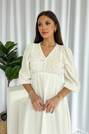 Nakış İşlemeli Müslin Kumaş V Yaka Elbise - Ekru