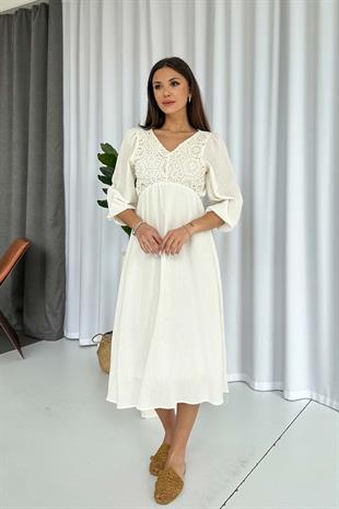 Nakış İşlemeli Müslin Kumaş V Yaka Elbise - Ekru
