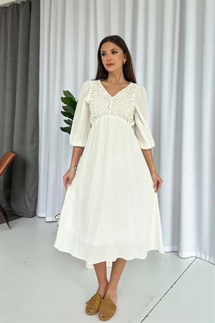 Nakış İşlemeli Müslin Kumaş V Yaka Elbise - Ekru