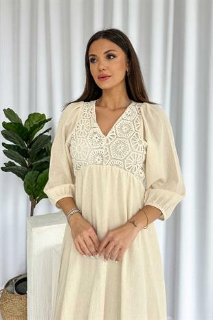 Nakış İşlemeli Müslin Kumaş V Yaka Elbise - Taş
