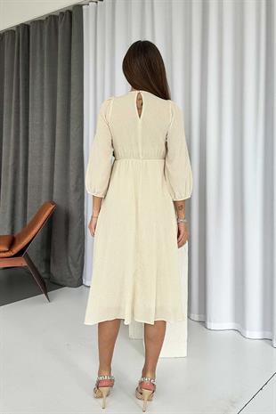 Nakış İşlemeli Müslin Kumaş V Yaka Elbise - Taş