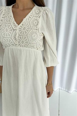 Nakış İşlemeli Müslin Kumaş V Yaka Elbise - Ekru