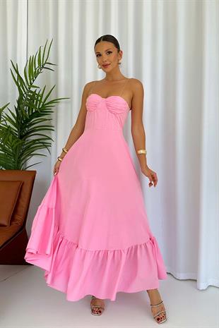 Omuz Bağlama Detay Göğüs Kulplu Etek Ucu Hareketli Elbise - Pembe