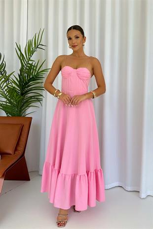 Omuz Bağlama Detay Göğüs Kulplu Etek Ucu Hareketli Elbise - Pembe