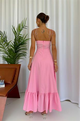 Omuz Bağlama Detay Göğüs Kulplu Etek Ucu Hareketli Elbise - Pembe