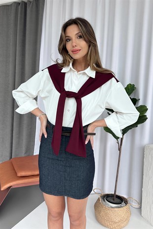 Omuz Detaylı  Kadın Gömlek - Bordo