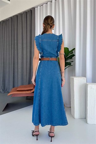 Omuz Fırfır Detaylı Denim Kadın Kemerli Elbise