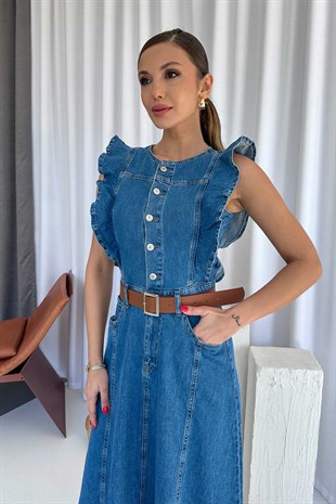 Omuz Fırfır Detaylı Denim Kadın Kemerli Elbise