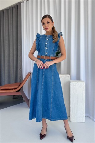 Omuz Fırfır Detaylı Denim Kadın Kemerli Elbise