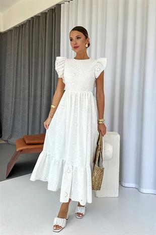 Omuzları Fırfır Detaylı Uzun Fisto Elbise - Beyaz