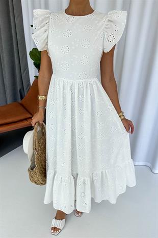 Omuzları Fırfır Detaylı Uzun Fisto Elbise - Beyaz