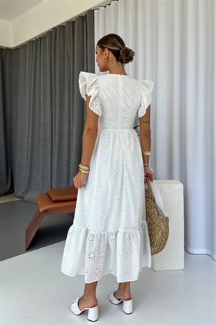 Omuzları Fırfır Detaylı Uzun Fisto Elbise - Beyaz