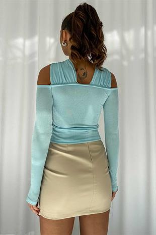 Omzu Açık Çarpraz Geçişli Tasarım Kadın Bluz - Mavi