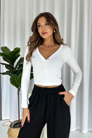 Önü Çıtçıtlı Uzun Kol Kaşkorse Body  - Beyaz