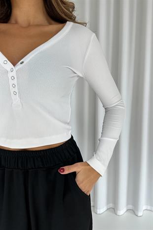 Önü Çıtçıtlı Uzun Kol Kaşkorse Body  - Beyaz