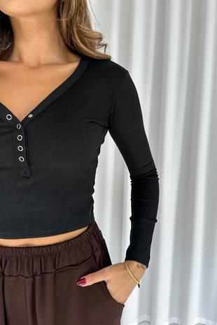 Önü Çıtçıtlı Uzun Kol Kaşkorse Body  - Siyah