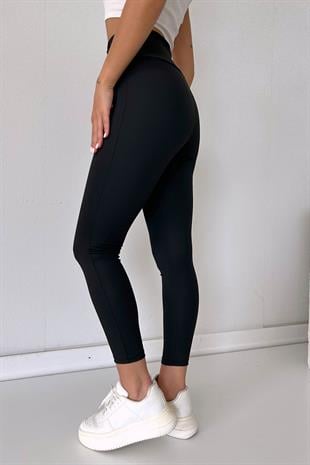 Önü Fermuar Detaylı Kadın Çelik Tayt - Siyah