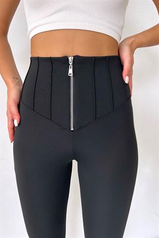 Önü Fermuar Detaylı Kadın Çelik Tayt - Siyah