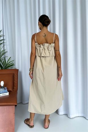 Önü Pileli Kadın Elbise - Bej