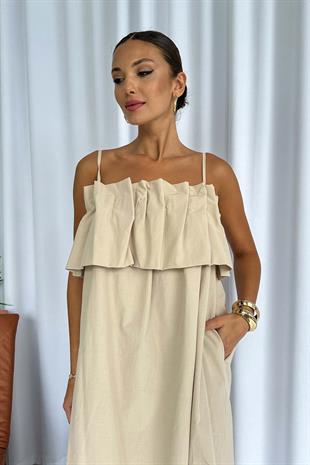 Önü Pileli Kadın Elbise - Bej