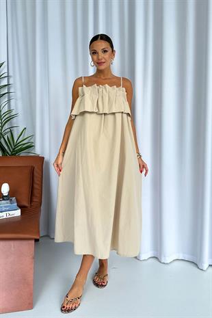 Önü Pileli Kadın Elbise - Bej