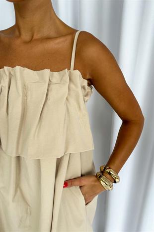 Önü Pileli Kadın Elbise - Bej