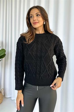 Örgü Desenli Örme Kazak - Siyah