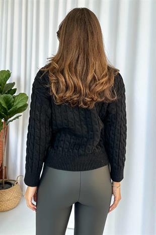 Örgü Desenli Örme Kazak - Siyah