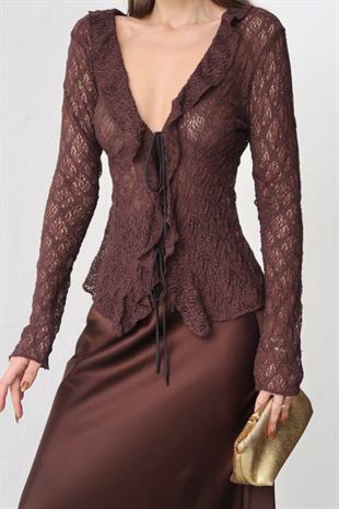 Örme Dantel Şal Yaka Bağlamalı Bluz - Kahverengi