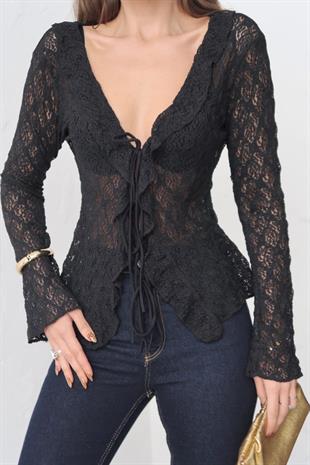 Örme Dantel Şal Yaka Bağlamalı Bluz - Siyah