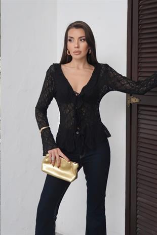 Örme Dantel Şal Yaka Bağlamalı Bluz - Siyah