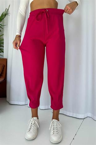 Paça Pensli Kuşgözü Krep Kadın Pantolon - Fuşya