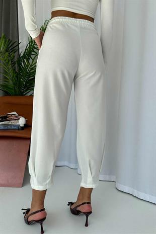 Paça Pensli Kuşgözü Krep Kadın Pantolon - Beyaz