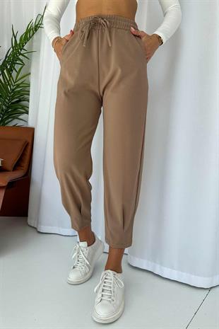 Paça Pensli Kuşgözü Krep Kadın Pantolon - Kahverengi