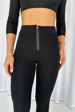 Paçası Fermuarlı Çelik Örme Tayt - Siyah