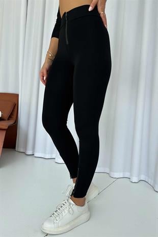Paçası Fermuarlı Çelik Örme Tayt - Siyah