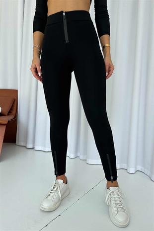 Paçası Fermuarlı Çelik Örme Tayt - Siyah