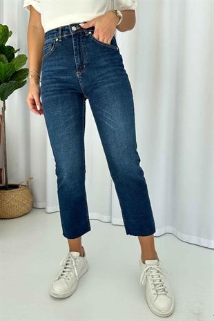 Paçası Kesik Detay Yüksek Bel Boyfit Jean - Lacivert
