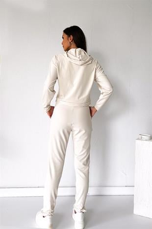 Paçası Yırtmaçlı Şardonlu Yüksek bel Kadın Eşofman Altı - Ekru