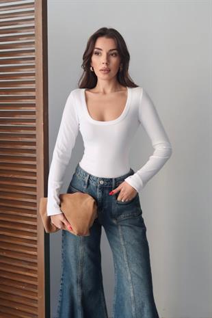 Pamuk Kaşkorse U Yaka Dikişli Uzun Kol Body - Beyaz